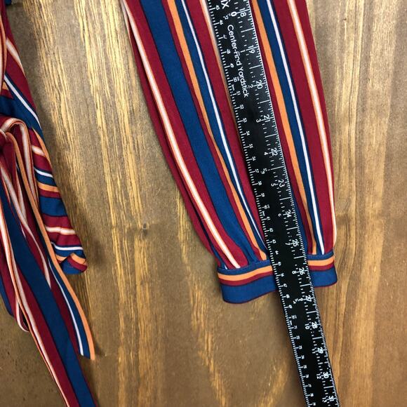 Ann Taylor Womens Blouse Multicolor Striped Belted Ruched Wrap Plunge Neck L - Picture 7 of 12